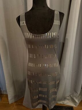 Rhapsody Silver-Studded Gray Mini Bodycon Dress